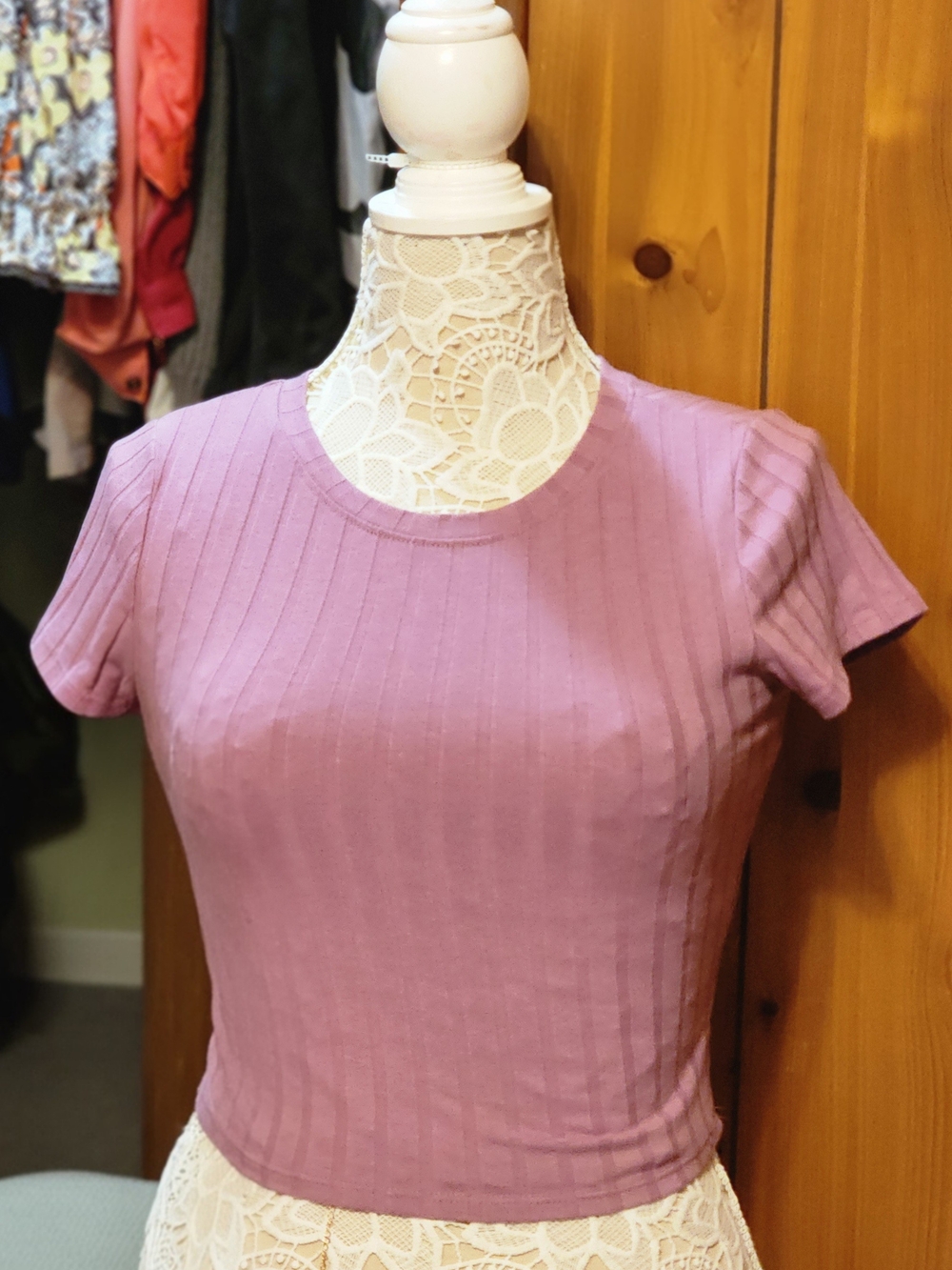 Ribbed Short Sleeve Crop Top - Mauve Pink